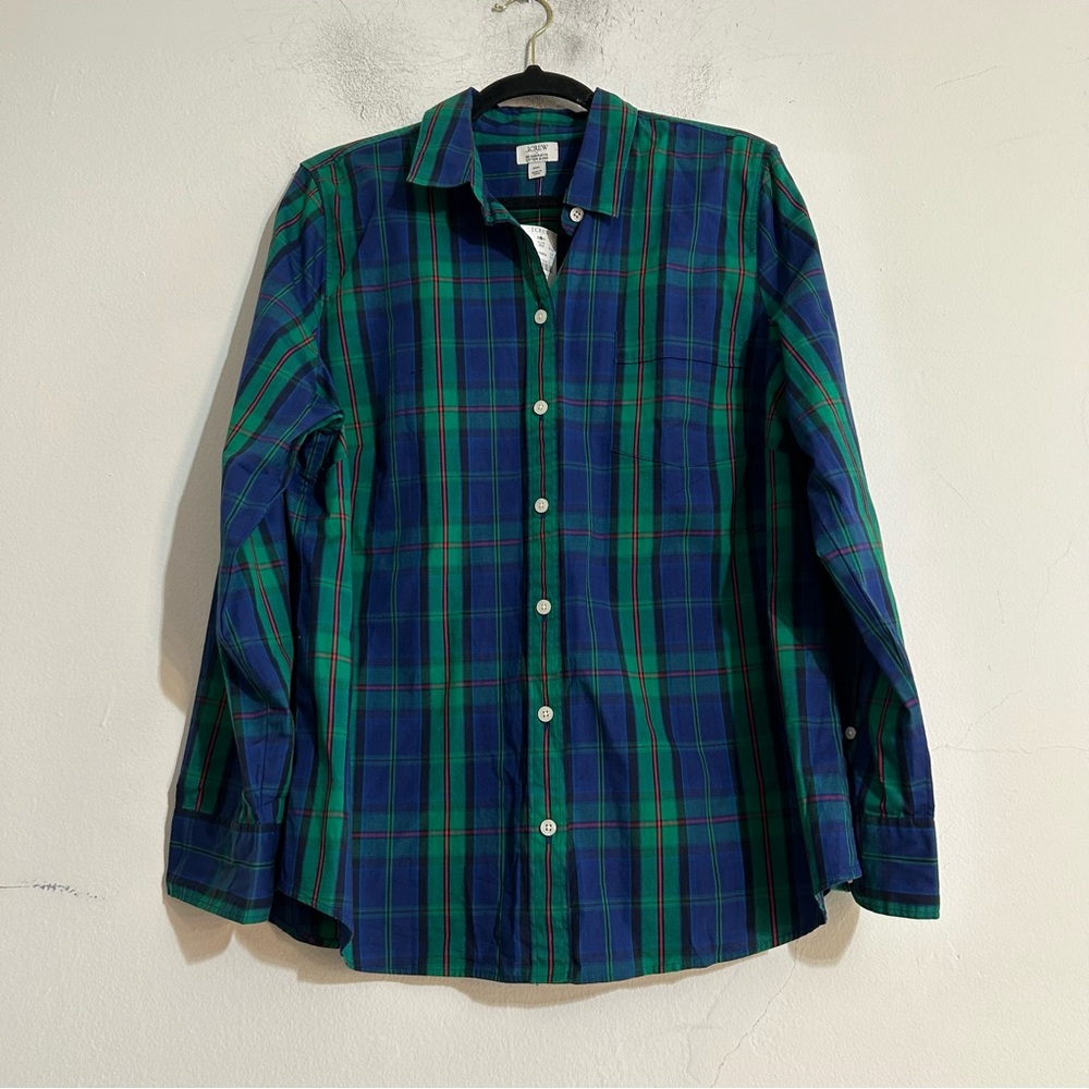 J. Crew Factory Lightweight Cotton Blend Shirt Signature Fit Blue Green Plaid